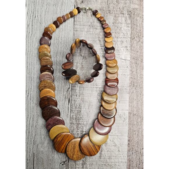 Vintage Exotic Boho Graduated Brown Wooden Disc Necklace Bracelet Statement Gift - Picture 2 of 6